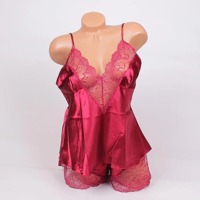 Сатенена макси пижама в цвят бордо с дантела