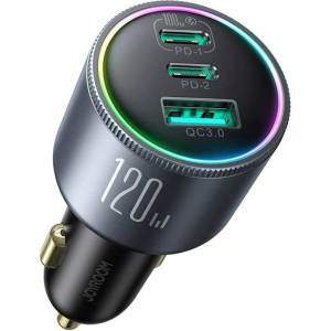 Joyroom Triple Quick Car Charger 120W - зарядно за кола с 2xUSB-C и USB-A изходи с технология за бързо зареждане и USB-C към USB-C кабел (тъмносив)