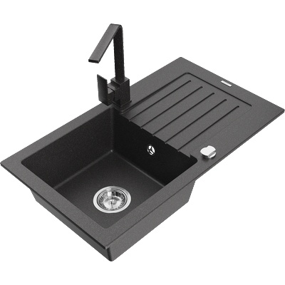Mexen Pablo гранитна мивка с 1 корито с отцедник и кухненски смесител Rita, черен капещ - 6510-76-670300-76 (6510-76-670300-76)