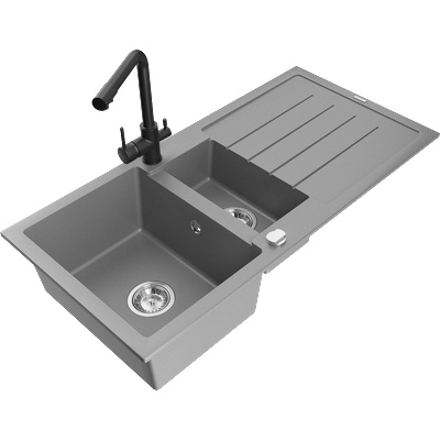 Mexen Andres гранитна мивка с 1, 5 камери със сушилник и кухненски смесител Duero, сив - 6515-71-671600-70 (6515-71-671600-70)