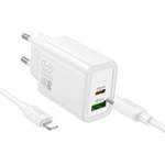 hoco. N63 Gentle стенен зарядно устройство USB-A + USB-C, PD30W+QC3.0, с кабел USB-C - Lightning, бяло