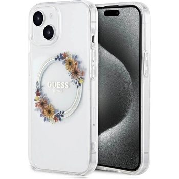 GUESS Flowers Ring Glossy Logo MagSafe Case - хибриден удароустойчив кейс с MagSafe за iPhone 13 (прозрачен)