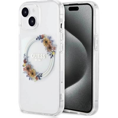 GUESS Flowers Ring Glossy Logo MagSafe Case - хибриден удароустойчив кейс с MagSafe за iPhone 13 (прозрачен)