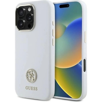 GUESS Силиконов 4G калъф Guess Logo Strass за iPhone 16 Pro - бял