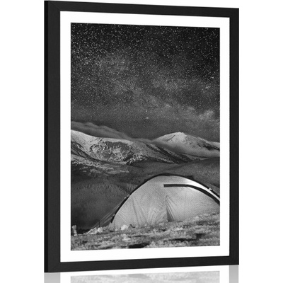 Plakát s paspartou stan pod noční oblohou v černobílém provedení - 60x90 silver