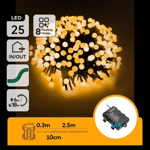 Aigostar - LED коледна гирлянда за външна употреба, 25 x LED / 8 режима, 3 x AA, 2, 8 m, IP44, топла бяла (AI2419)