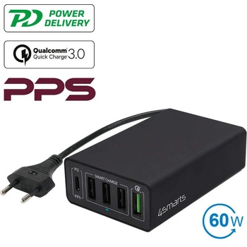 4smarts Mains Charging Station VoltPlug PPS Power Delivery & QC3.0 60W - захранване с 4хUSB изхода и USB-C изход (черен)