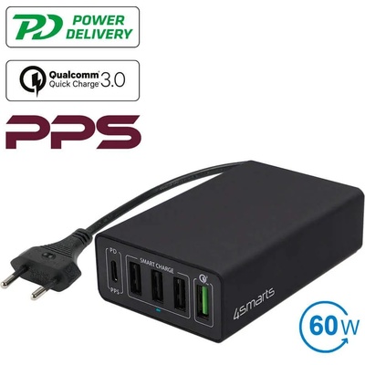 4smarts Mains Charging Station VoltPlug PPS Power Delivery & QC3.0 60W - захранване с 4хUSB изхода и USB-C изход (черен)