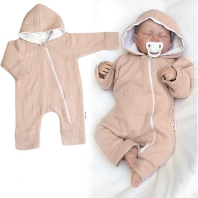 Baby Nellys Mušelinový overálek s kapucí dvouvrstvý Hand Made béžový