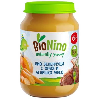 Био пюре BioNino - Зеленчуци с ориз и агнешко месо, 6 м+, 190 g (BN2355)
