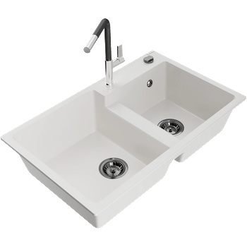 Mexen Tomas гранитна двукоритна мивка с кухненски смесител Flora, бял - 6516-20-670401-07-B (6516-20-670401-07-B)