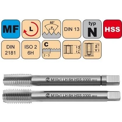 NÁSTROJE CZ Sadový závitník M12x1,25 I+III SADA LH ISO2 HSS DIN 2181 LEVÝ - 0300L - CZZ0300L-M12X1,25-SD-ISO2