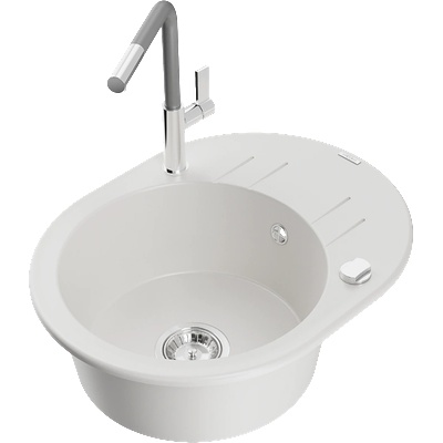 Mexen Kevin гранитна мивка с 1 корито с отцедник и кухненски смесител Flora, бял - 6517-20-670401-06 (6517-20-670401-06)