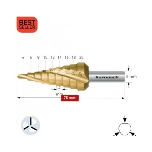 Karnasch Стъпално свредло Ø 4-20 mm (x 4 mm), HSS-XE TiN-Gold, 3x спирален канал, BESTSELLER (1423)