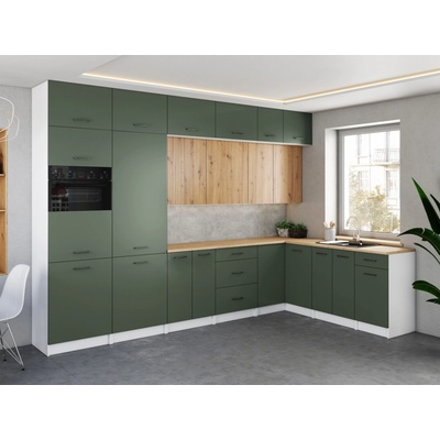 FRONTI Rohová kuchyňská linka WERIA 330x210 cm Olive/Dub artisan