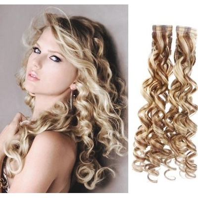 Vlasy pro metodu Pu Extension / TapeX / Tape Hair / Tape IN 60cm kučeravé - platina / svetlo hnedá