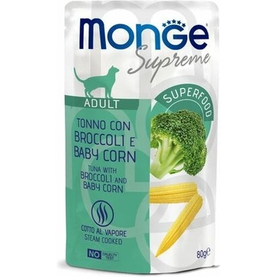 MONGE Supreme Adult kapsička tuniakové kúsky s brokolicou a mladou kukuricou pre dospelé mačky 80 g