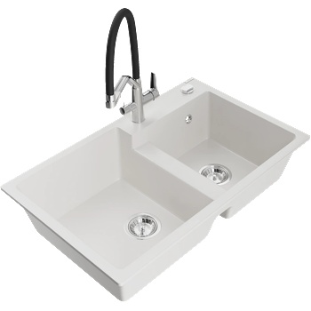 Mexen Tomas кухненска мивка от гранит с 2 отделения и кухненски смесител Duo, бял - 6516-20-671701-07 (6516-20-671701-07)