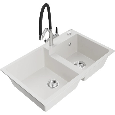 Mexen Tomas кухненска мивка от гранит с 2 отделения и кухненски смесител Duo, бял - 6516-20-671701-07 (6516-20-671701-07)
