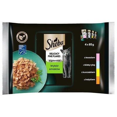 Sheba Fine Flakes in Jelly krmivo pre mačky v želé s bielou rybou, lososom, morkou, kuraťom 4x85 g