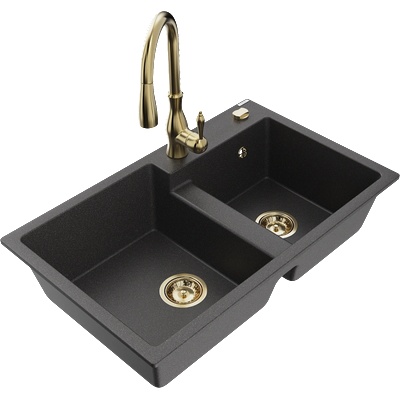 Mexen Tomas двукоморна гранитна мивка с кухненски смесител Savita, черен на пръски - 6516-76-672601-50 (6516-76-672601-50)