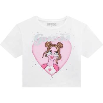 GUESS Къса бяла тениска за момиче с цветна щампа и сребрист надпис Guess