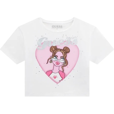 GUESS Къса бяла тениска за момиче с цветна щампа и сребрист надпис Guess