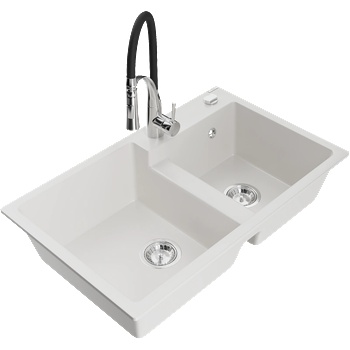 Mexen Tomas гранитна кухненска мивка с 2 камери с кухненски смесител Aster, бял - 6516-20-73450-07 (6516-20-73450-07)