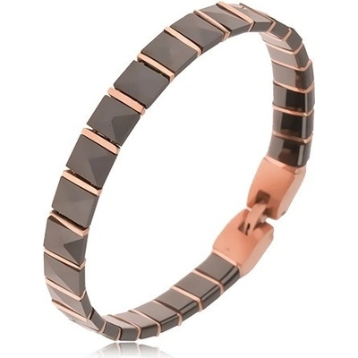 Šperky Eshop - Černý keramický náramek, pyramidové články, proužky růžovozlaté barvy S68.01