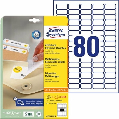 avery zweckform Etikety univerzálne odnímateľné 35,6x16,9mm Avery A4 25+5 hárkov