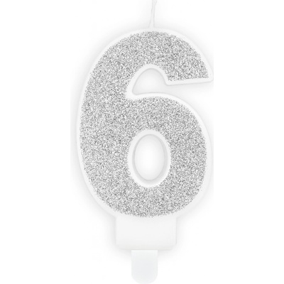 Narozeninová svíčka třpytivě stříbrná "číslo 6", 7 cm