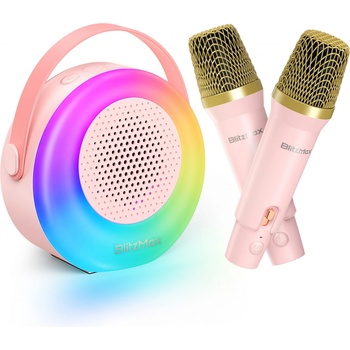 INSMA Karaoke stroj s 2 bezdrôtovými mikrofónmi Modrátooth karaoke reproduktor pre deti a dospelých ružový