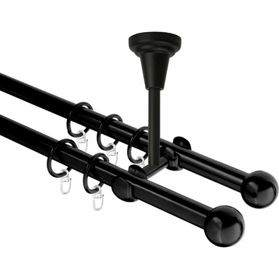 OK-GarnýžeCZ Garnýž kovová dvouřadá 16mm Koule černá 480 cm do stropu / kroužky s háčkem