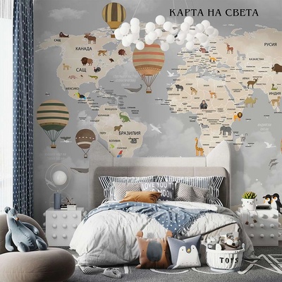 Art Gift Decor Фототапет Карта на Света - Животни и Балони (Български Език)