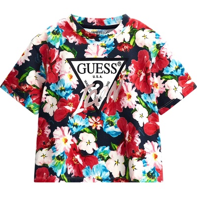 GUESS Къса тениска за момиче покрита с цветя и с лого Guess