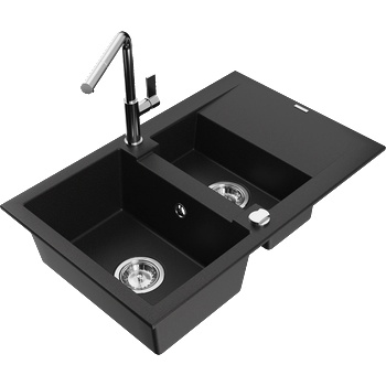 Mexen Gaspar гранитна кухненска мивка 1, 5-коморна с отцедник и кухненски смесител Flora, черен - 6507-77-670401-00 (6507-77-670401-00)
