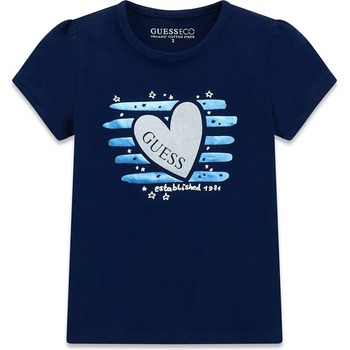 GUESS Тъмно синя тениска със сини детайли и сребристо сърце за мини момиче Guess