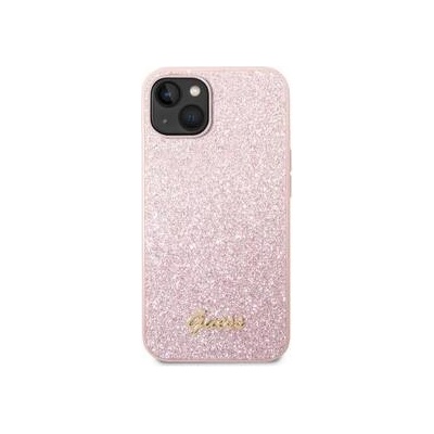Pouzdro Guess Glitter Flakes Metal Logo Apple iPhone 14 Plus růžové