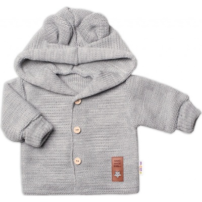 Baby Nellys Elegantný pletený svetrík s gombíkmi a kapucňou s uškami sivý