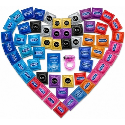 Maxi Balíček 55 kondomů Durex Pasante a Vitalis + lubrikační gel Durex + vibrační kroužek