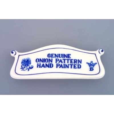 Cibulák reklamní štítek s nápisem 14 cm originální cibulákový porcelán Dubí, cibulový vzor,