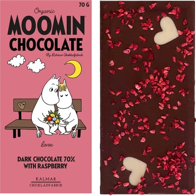Kalmar Chokladfabrik bio čokoláda Moomin Love horká 70% s malinami 70 g