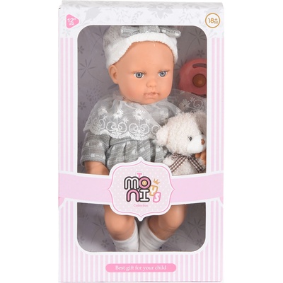 Moni Кукла Moni Toys - Lovely Baby, със сива рокля и аксесоари, 30 cm (111794)