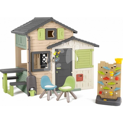 Smoby Domeček Přátel ekologický s posezením u hrací stěny v natur hnědých barvách Friends House Evo Playhouse Green