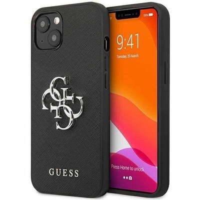 GUESS Saffiano 4G Metal Logo Leather Hard Case - дизайнерски кожен кейс за iPhone 13 mini (черен)
