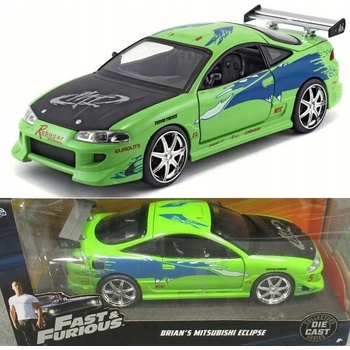 Jada Toys 253203007 Mitsubishi Eclipse 1995 Fast & Furious Brian tuningový model v mierke so spojlerom otváracími dverami kapotou a kufrom voľnobeh zelený 1:24