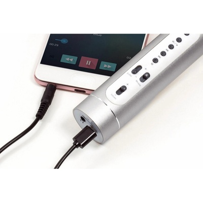 Mikrofón karaoke Bluetooth strieborný na batérie s USB káblom