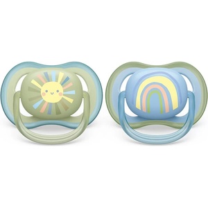 Philips Залъгалки Philips Avent - Ultra Air, сини с декорация Слънце и дъга с кутия за стерилизиране, 0-6 m, 2 броя (00A.0524.007)