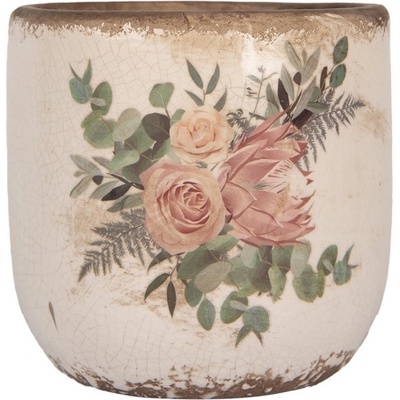 Clayre Béžový keramický květináč s květy Protea Eucalypt M - 14x13 cm - & Eef