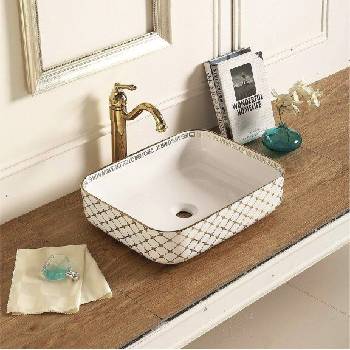 Inter Ceramic Мивка за баня ICB 874 GOLDEN, монтаж върху плот, порцелан, бял + златен, 50x40x13.5см (874 GOLDEN)